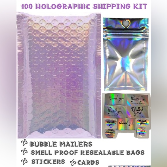100 Total Bubble mailer resealable bag card sticker Holographic Shipping Kit - Picture 1 of 6